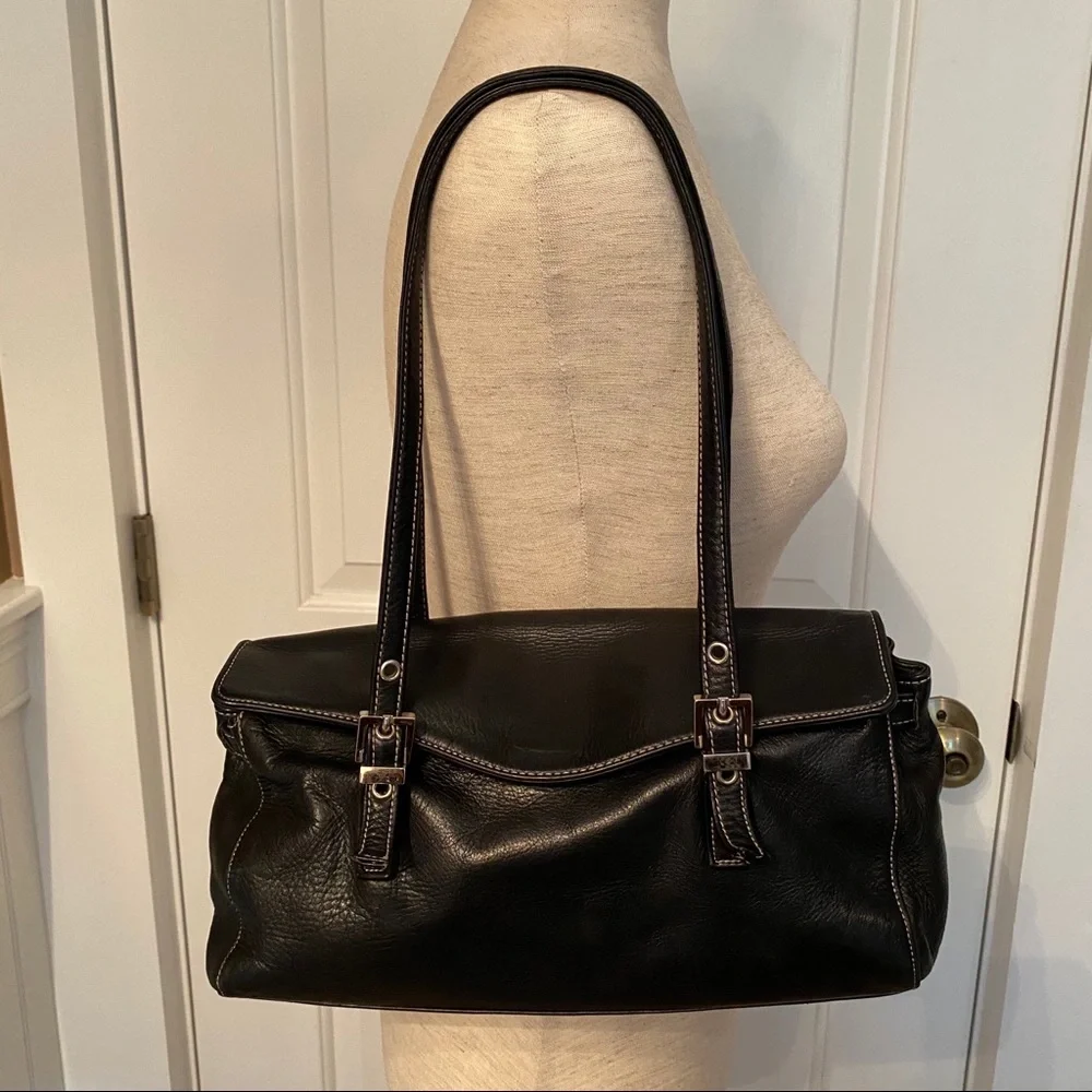 PERLINA SHOULDER BAG SATCHEL BLACK LEATHER 2 STRAP FLAP CLOSE